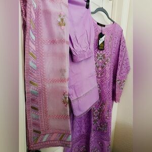 Lavender Embroidered Women's Dress with Matching Scarf